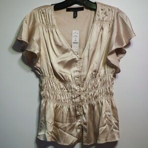 NWT White House Black Market Satin Cream Gathered Blouse
